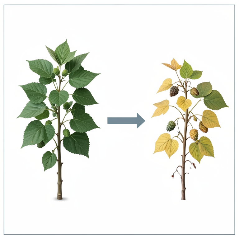 AI-generated conceptual illustration (mulberry plants (Morus alba)). It explains the idea and does not show study data.
