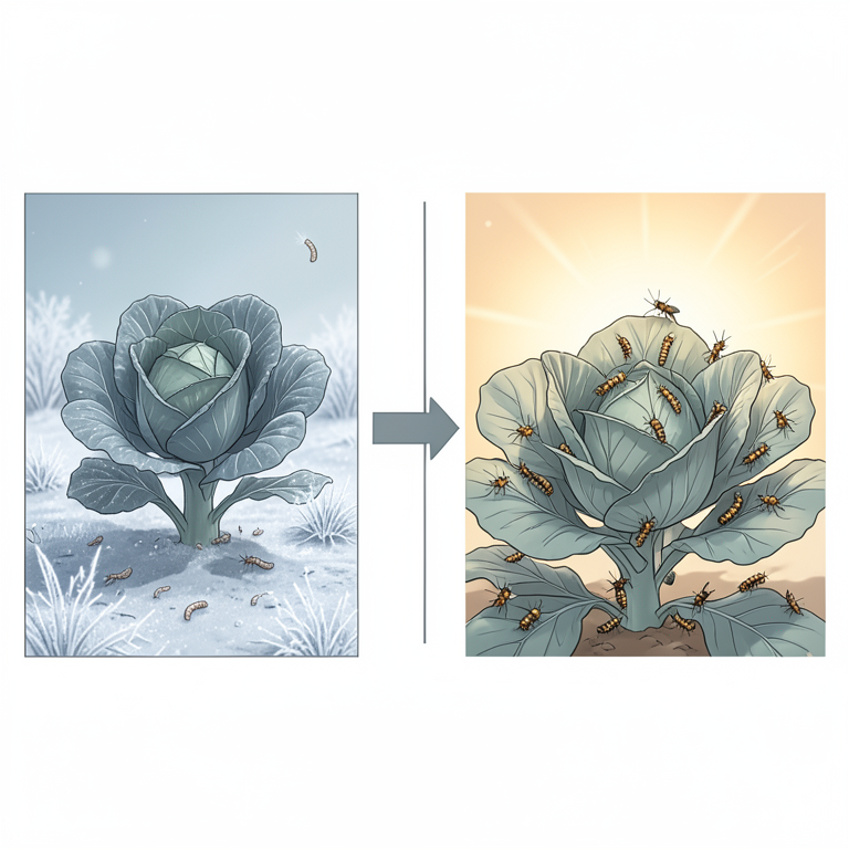 AI-generated conceptual illustration (Cabbage plants with Spodoptera litura, Helicoverpa armigera, and Plutella xylostella larvae). It explains the idea and does not show study data.