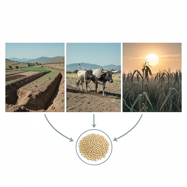 AI-generated conceptual illustration (Ethiopian highland agricultural landscapes with teff and maize crops). It explains the idea and does not show study data.