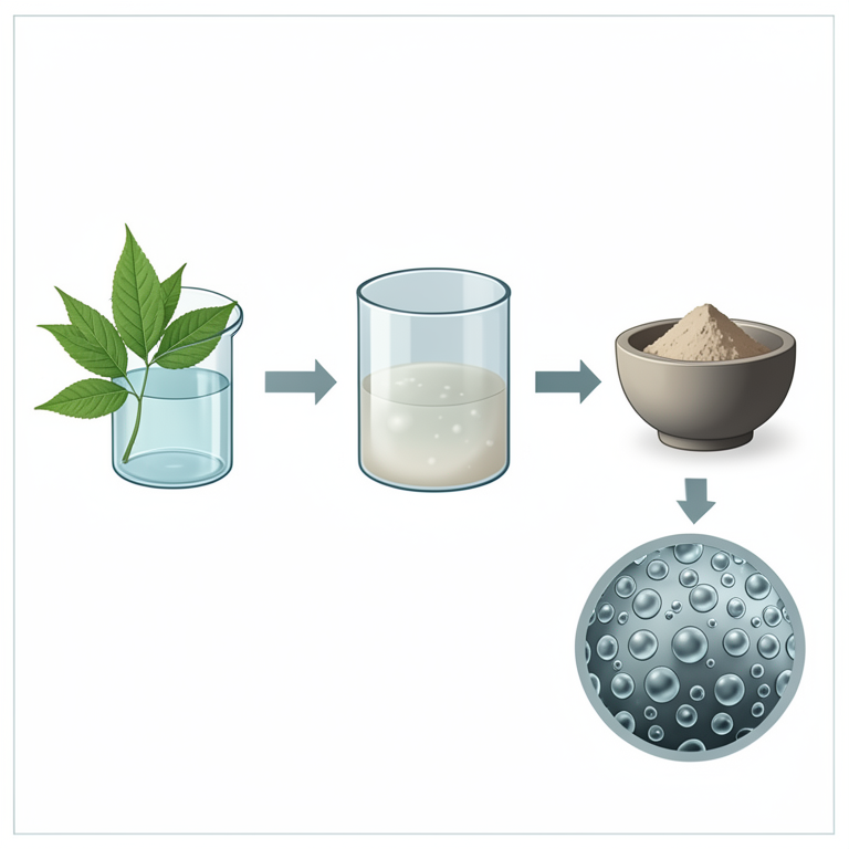 AI-generated conceptual illustration (Moringa oleifera leaves and metal oxide nanoparticles). It explains the idea and does not show study data.