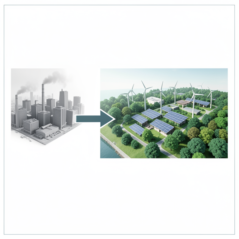AI-generated conceptual illustration (A sustainable urban landscape featuring wind turbines, solar panels, and integrated green forests). It explains the idea and does not show study data.