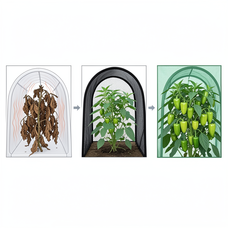 AI-generated conceptual illustration (green pepper plants (Capsicum annum L.) under different shading tunnels). It explains the idea and does not show study data.