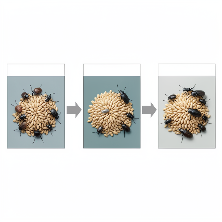 AI-generated conceptual illustration (Lesser grain borer beetles (Rhyzopertha dominica) on wheat grains (Triticum aestivum)). It explains the idea and does not show study data.