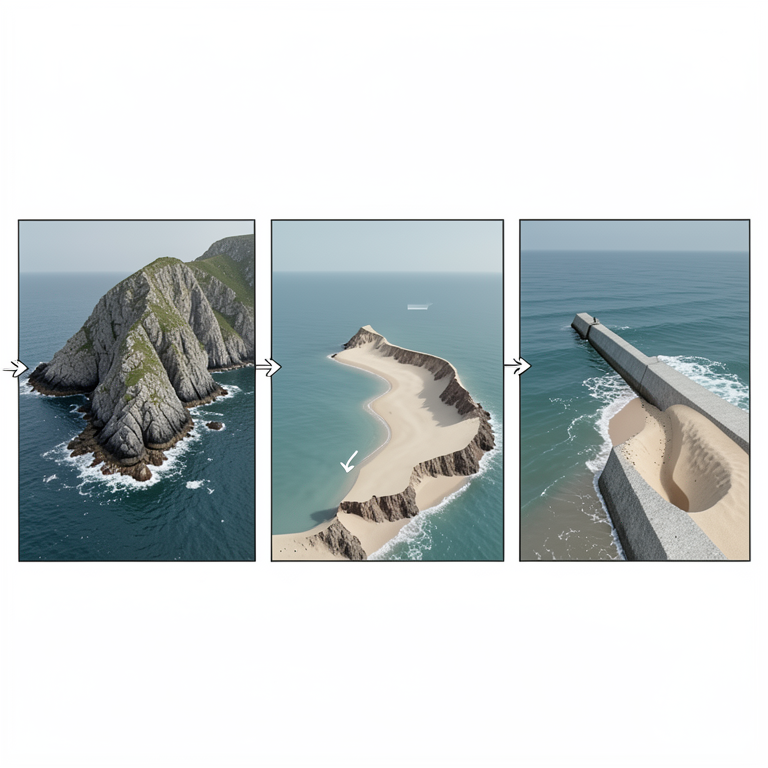 AI-generated conceptual illustration (Dalmatian coastline with limestone headlands, flysch embayments, and concrete groins). It explains the idea and does not show study data.