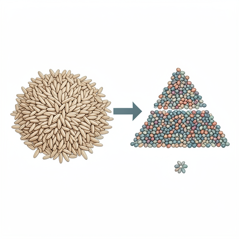 AI-generated conceptual illustration (Various millet grains (pearl millet, finger millet, foxtail millet) and common cereals (rice, wheat)). It explains the idea and does not show study data.
