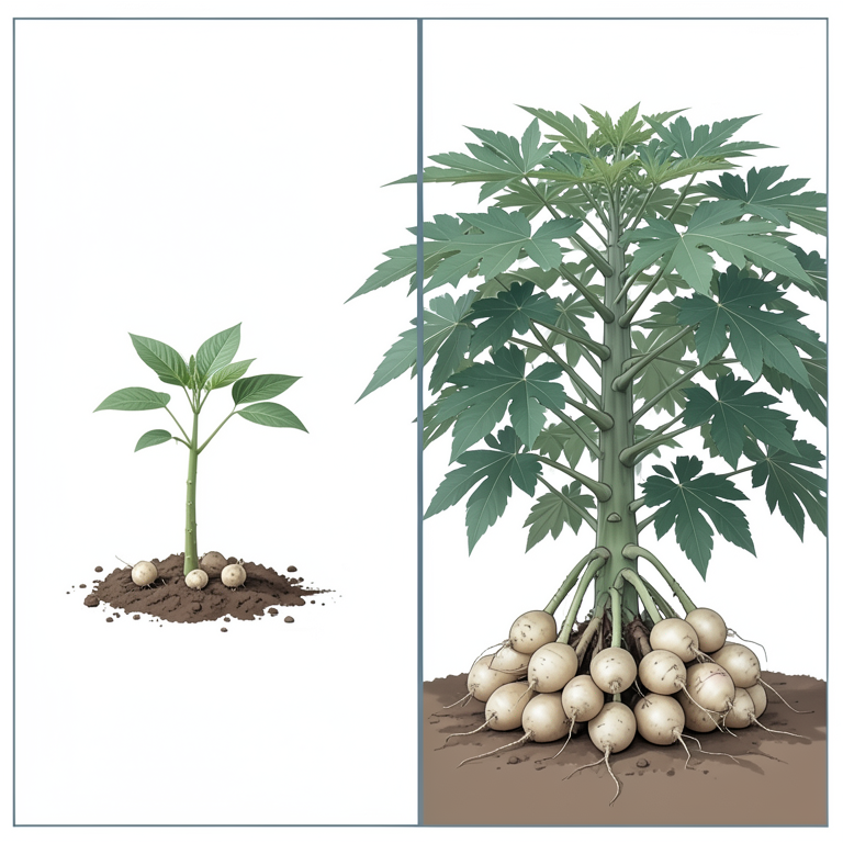AI-generated conceptual illustration (Cassava plants and tubers in a field in southwest Nigeria). It explains the idea and does not show study data.