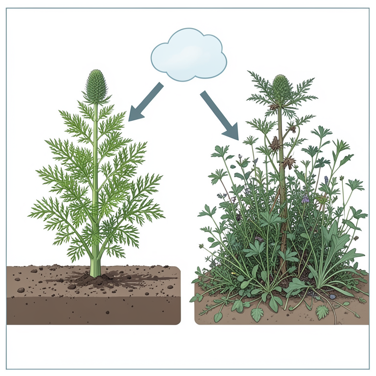 AI-generated conceptual illustration (fennel plants (Foeniculum vulgare) and common field weeds). It explains the idea and does not show study data.