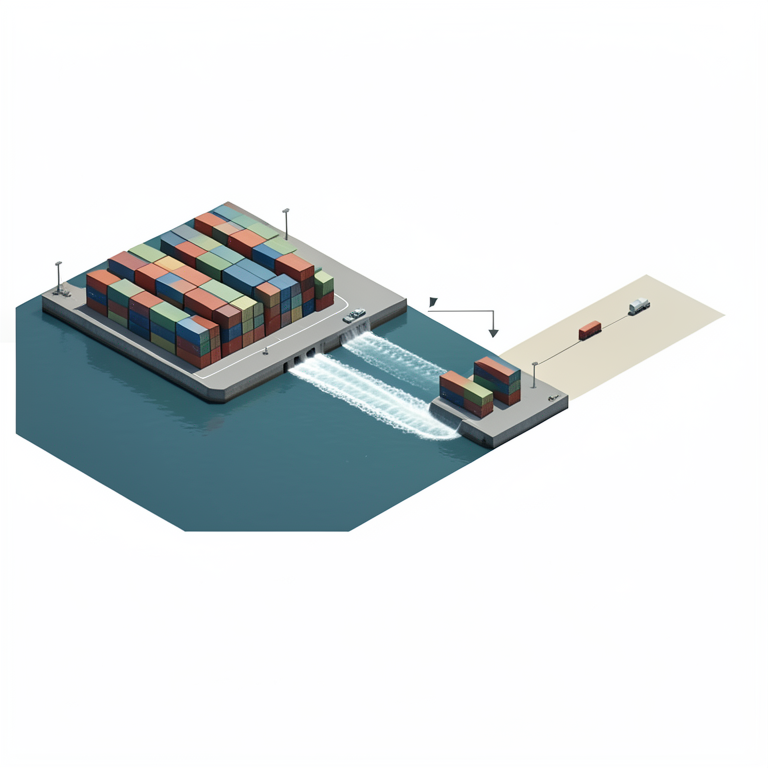 AI-generated conceptual illustration (Intermodal shipping containers and cargo ports). It explains the idea and does not show study data.