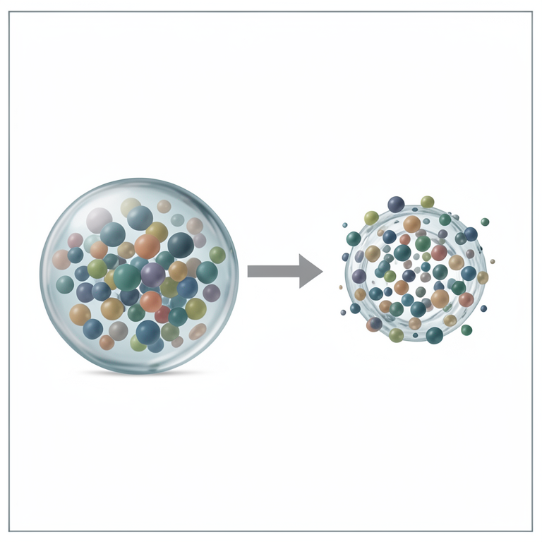 AI-generated conceptual illustration (poly(N-isopropylacrylamide) hydrogel beads containing small molecule drug particles). It explains the idea and does not show study data.