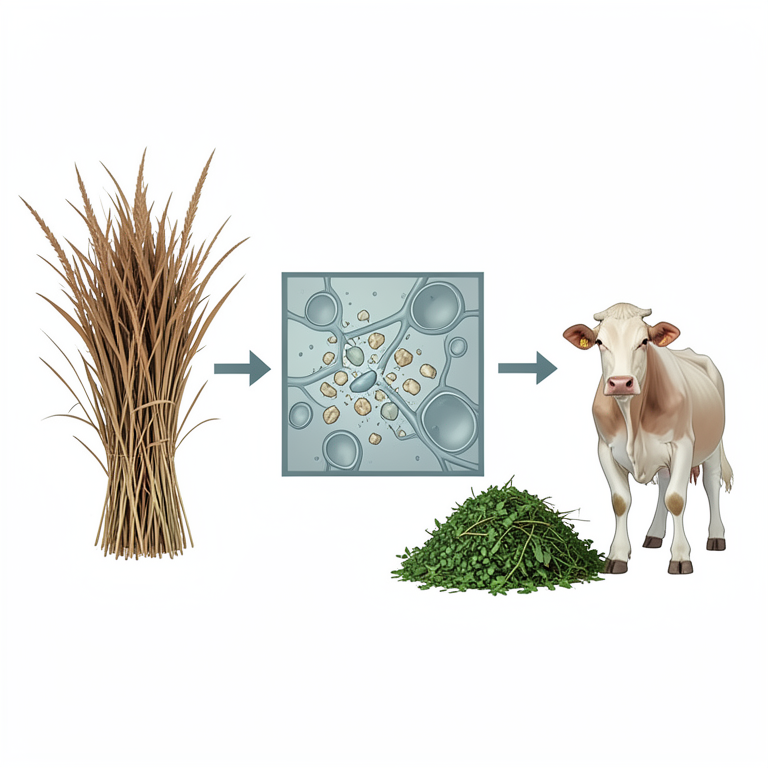 AI-generated conceptual illustration (Tropical fibrous forage and ruminant cattle). It explains the idea and does not show study data.