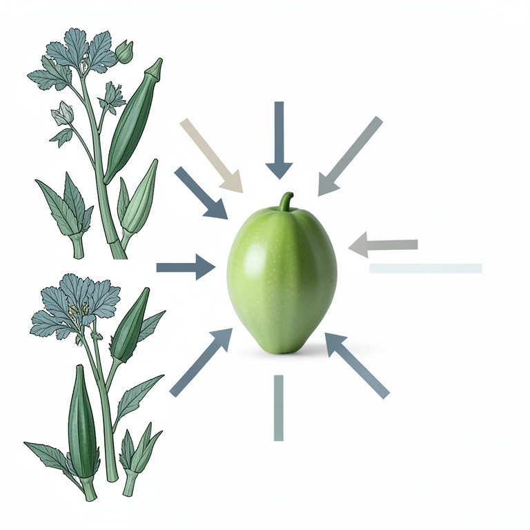 AI-generated conceptual illustration (okra plants (Abelmoschus esculentus)). It explains the idea and does not show study data.