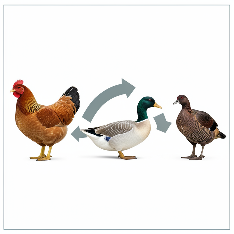 AI-generated conceptual illustration (domestic poultry (chickens, ducks, geese, and turkeys)). It explains the idea and does not show study data.