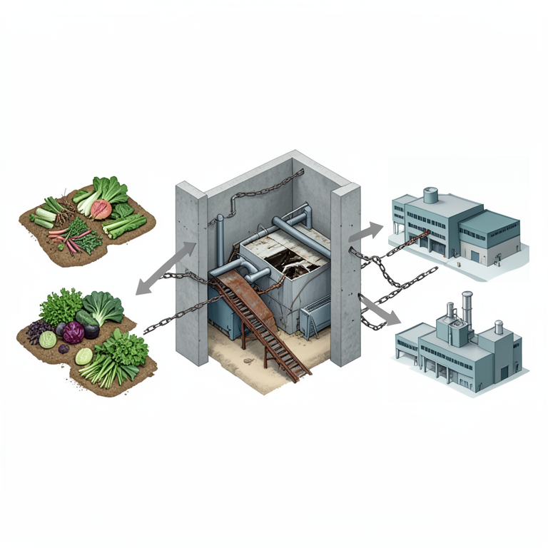 AI-generated conceptual illustration (Indian food processing infrastructure and agricultural produce). It explains the idea and does not show study data.