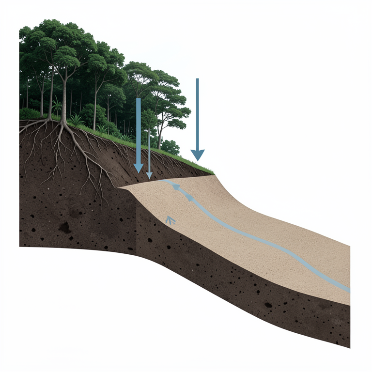AI-generated conceptual illustration (Tropical watershed soil profile in Central Java). It explains the idea and does not show study data.