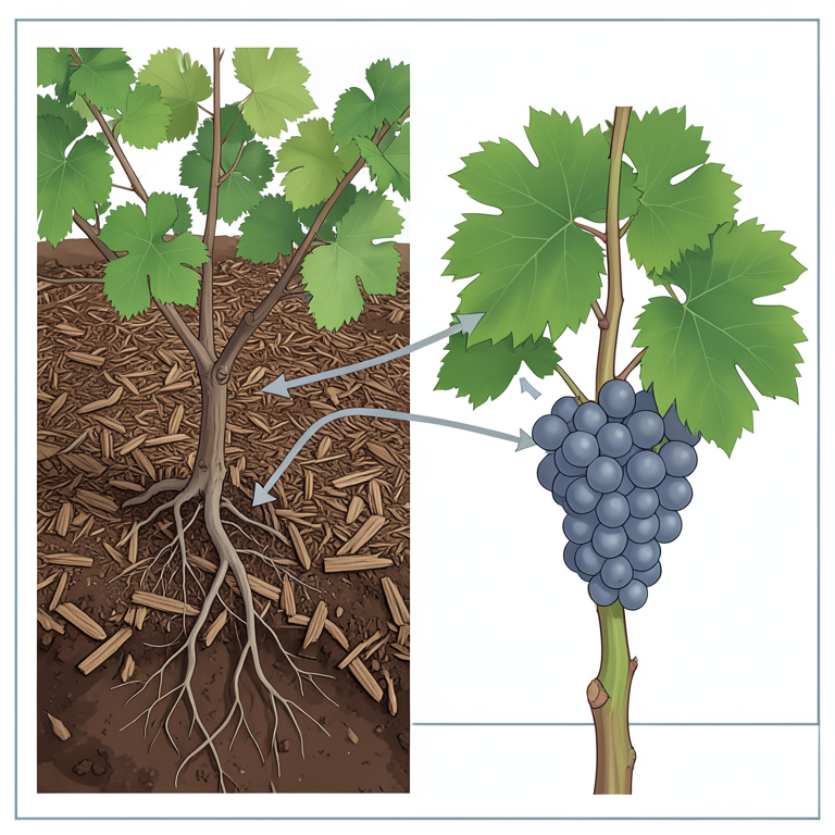 AI-generated conceptual illustration (grapevine plants in soil). It explains the idea and does not show study data.