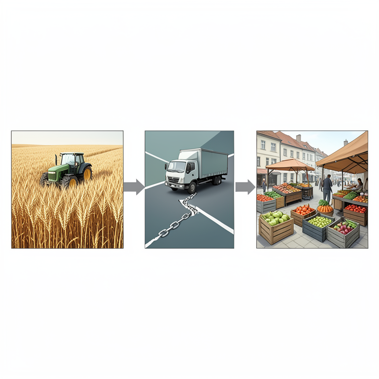 AI-generated conceptual illustration (Agricultural supply chain including wheat fields, transport trucks, and a city marketplace). It explains the idea and does not show study data.