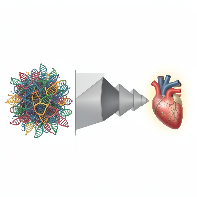 AI-generated conceptual illustration (Human DNA sequences and heart tissue). It explains the idea and does not show study data.