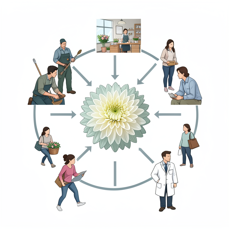 AI-generated conceptual illustration (Chrysanthemum flowers and diverse human stakeholders). It explains the idea and does not show study data.
