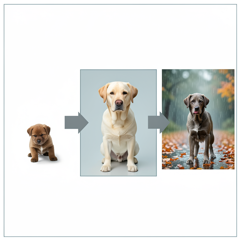 AI-generated conceptual illustration (domestic dogs (puppies and adult Labradors)). It explains the idea and does not show study data.