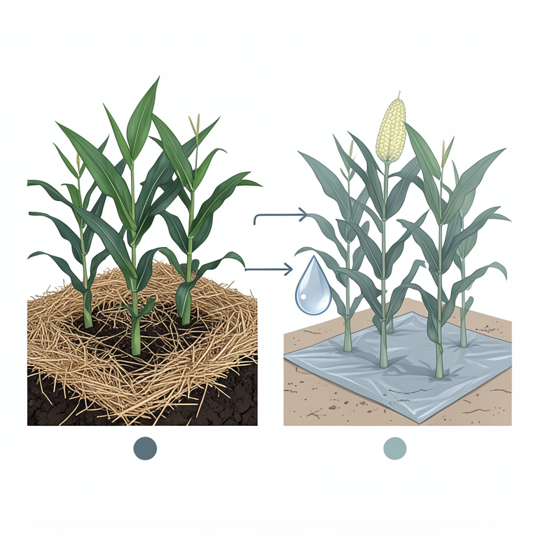 AI-generated conceptual illustration (maize plants in soil with different mulching materials). It explains the idea and does not show study data.