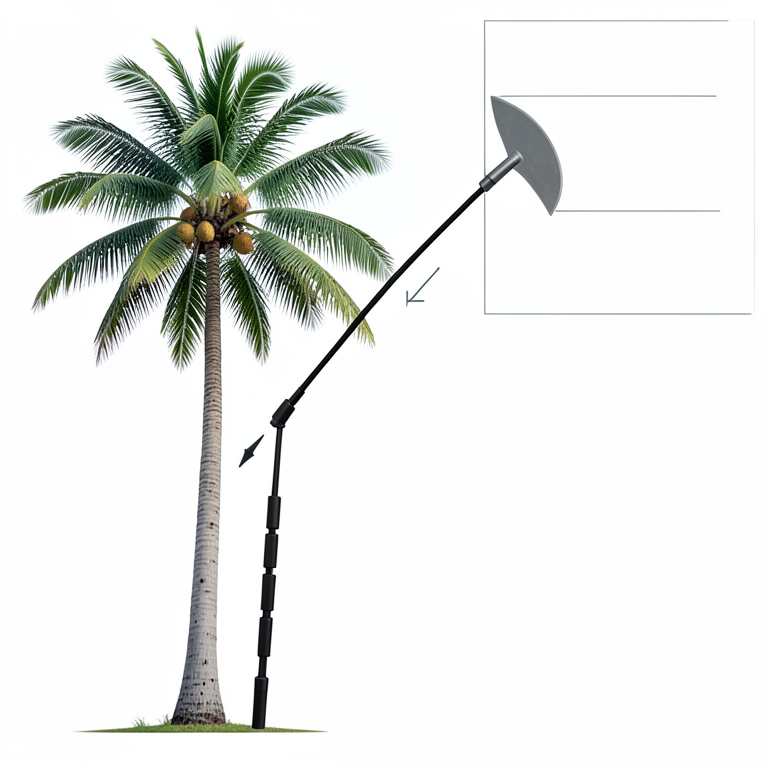 AI-generated conceptual illustration (coconut tree and a carbon fiber telescopic fruit harvester). It explains the idea and does not show study data.