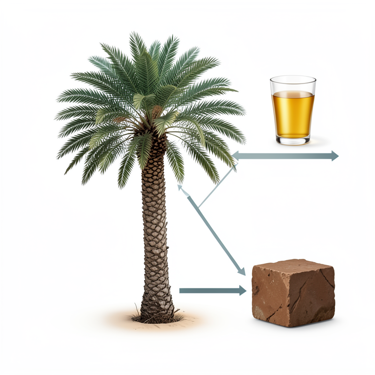 AI-generated conceptual illustration (Date palm trees, date palm juice, and date palm gur (jaggery)). It explains the idea and does not show study data.