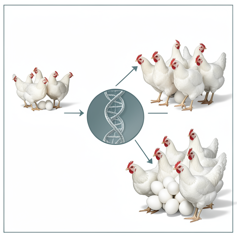 AI-generated conceptual illustration (White Leghorn chickens). It explains the idea and does not show study data.