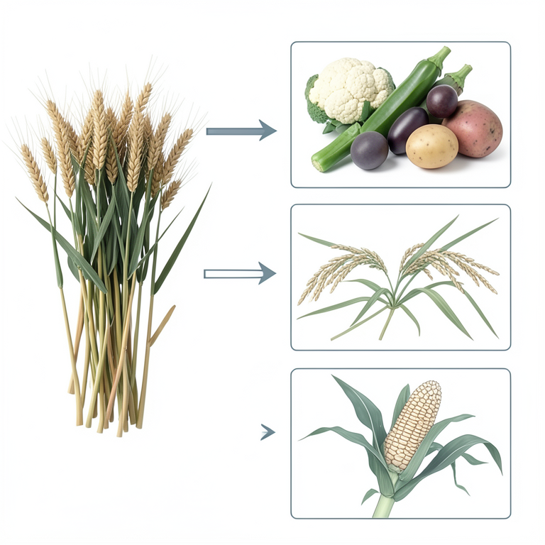 AI-generated conceptual illustration (Rice, wheat, cauliflower, okra, potato, cowpea, and maize plants). It explains the idea and does not show study data.