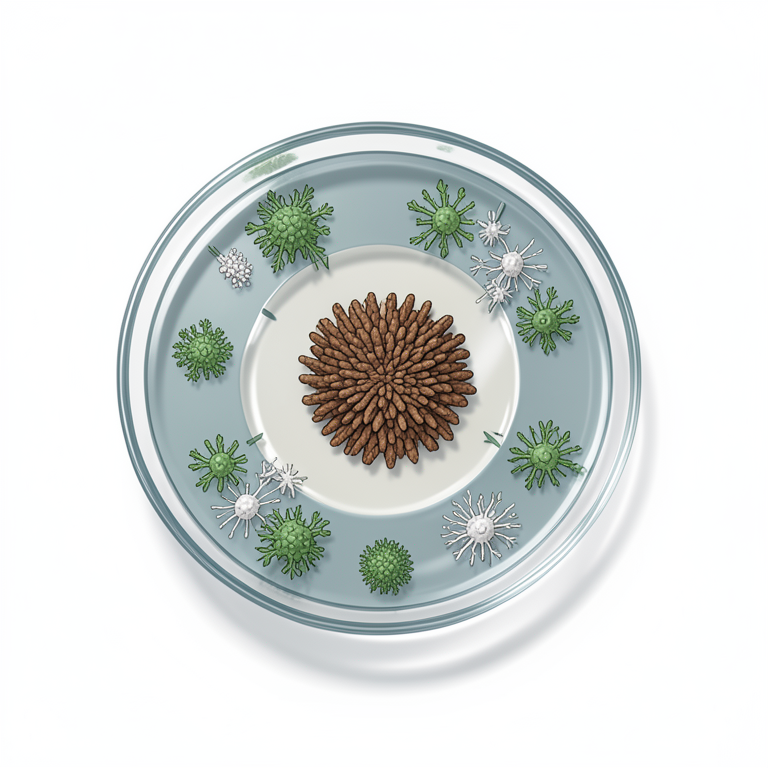 AI-generated conceptual illustration (Rhizoctonia solani fungus and antagonistic microbes in a Petri dish). It explains the idea and does not show study data.