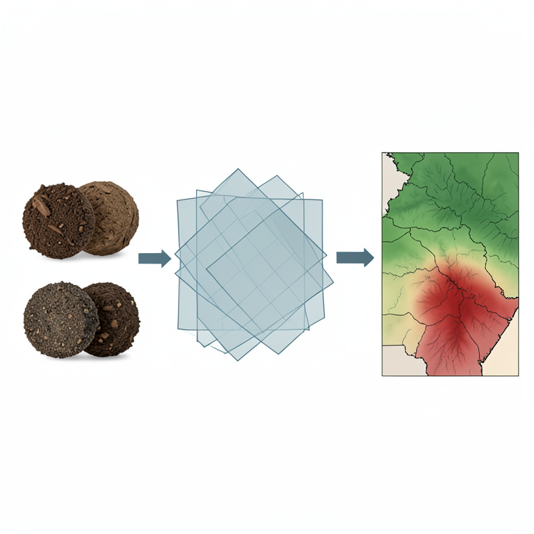 AI-generated conceptual illustration (Soil profiles and geographic maps of the Saddha Al-Hindia District, Iraq). It explains the idea and does not show study data.