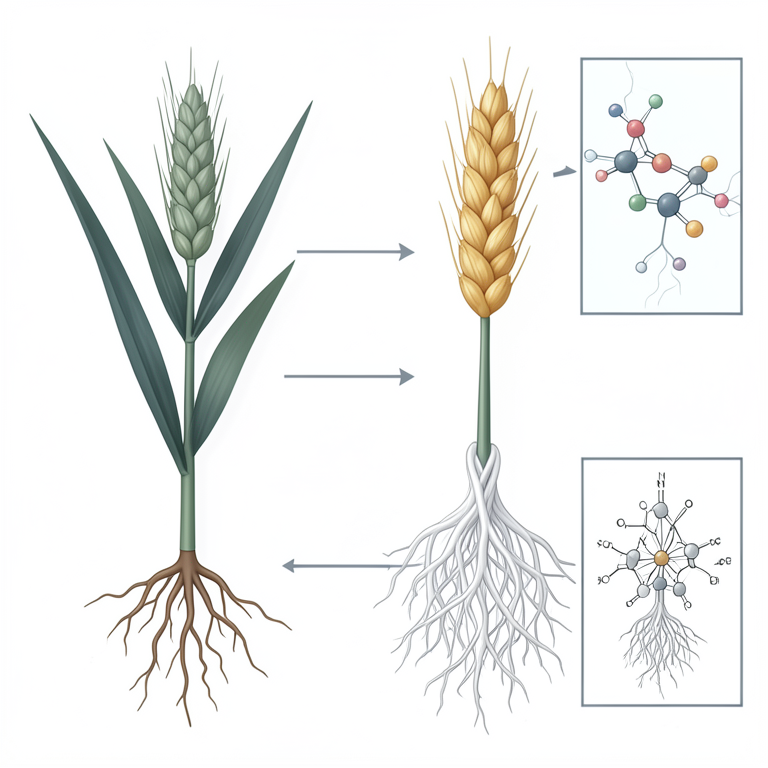 AI-generated conceptual illustration (barley plants (Hordeum vulgare) and arbuscular mycorrhizal fungi (AMF)). It explains the idea and does not show study data.