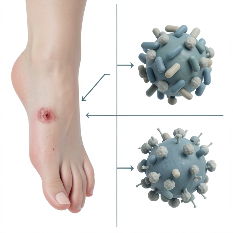 AI-generated conceptual illustration (Human foot skin and bacterial cells (Escherichia coli and Staphylococcus aureus)). It explains the idea and does not show study data.