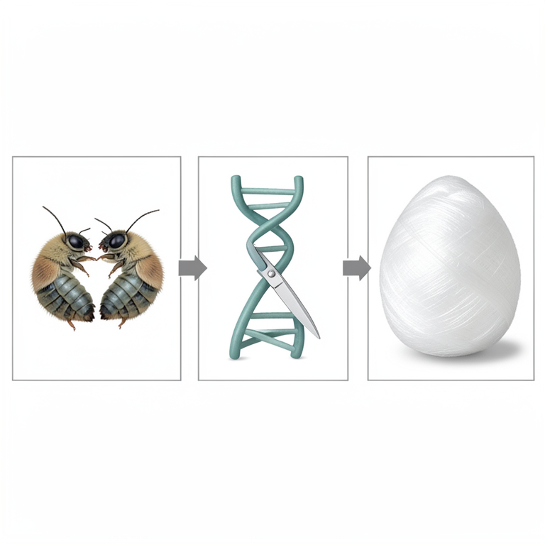 AI-generated conceptual illustration (Bombyx mori silkworms and cocoons). It explains the idea and does not show study data.
