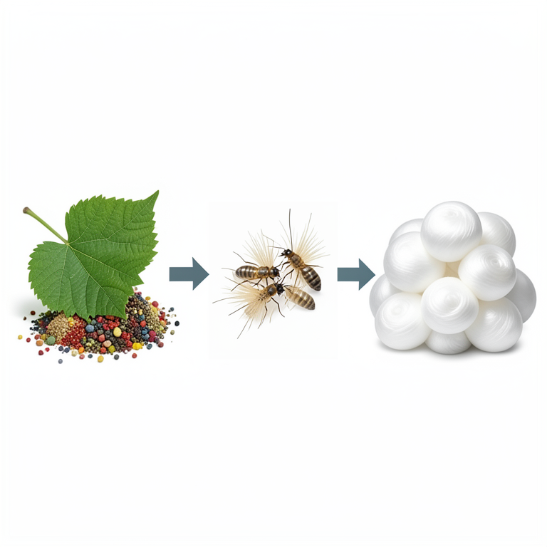 AI-generated conceptual illustration (Mulberry silkworms (Bombyx mori)). It explains the idea and does not show study data.