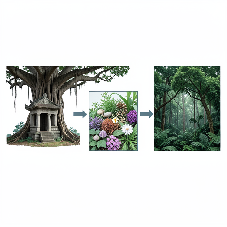 AI-generated conceptual illustration (Tropical forest vegetation of Manipur sacred groves). It explains the idea and does not show study data.