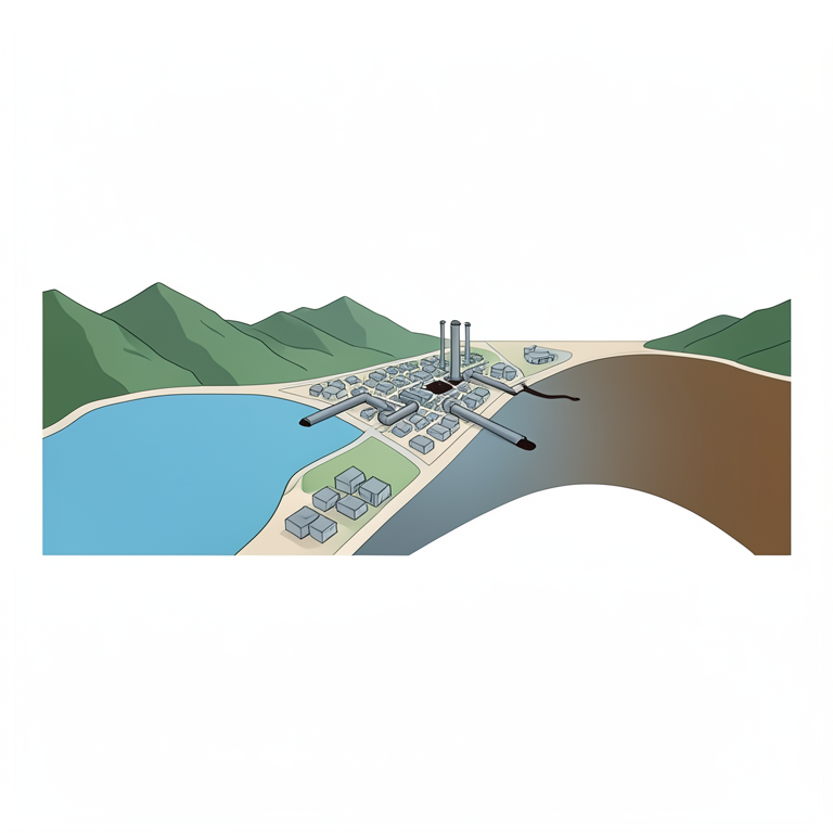AI-generated conceptual illustration (The Darhal River flowing through a mountain valley and an urban settlement). It explains the idea and does not show study data.
