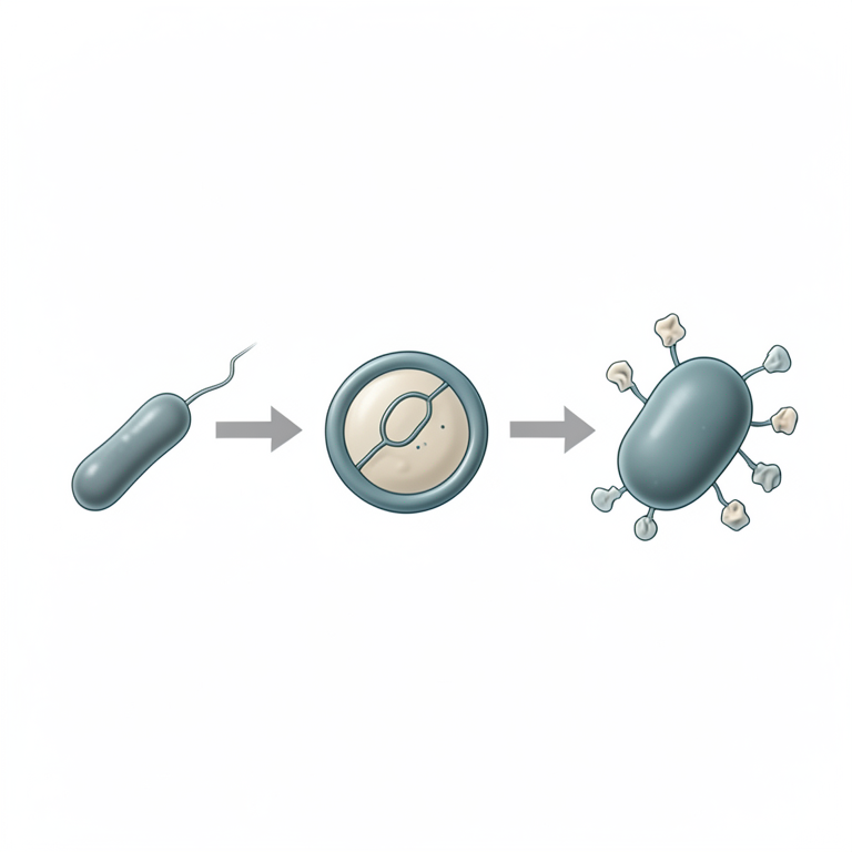 AI-generated conceptual illustration (Bacillus bacteria, Escherichia coli bacteria, and a circular plasmid vector). It explains the idea and does not show study data.