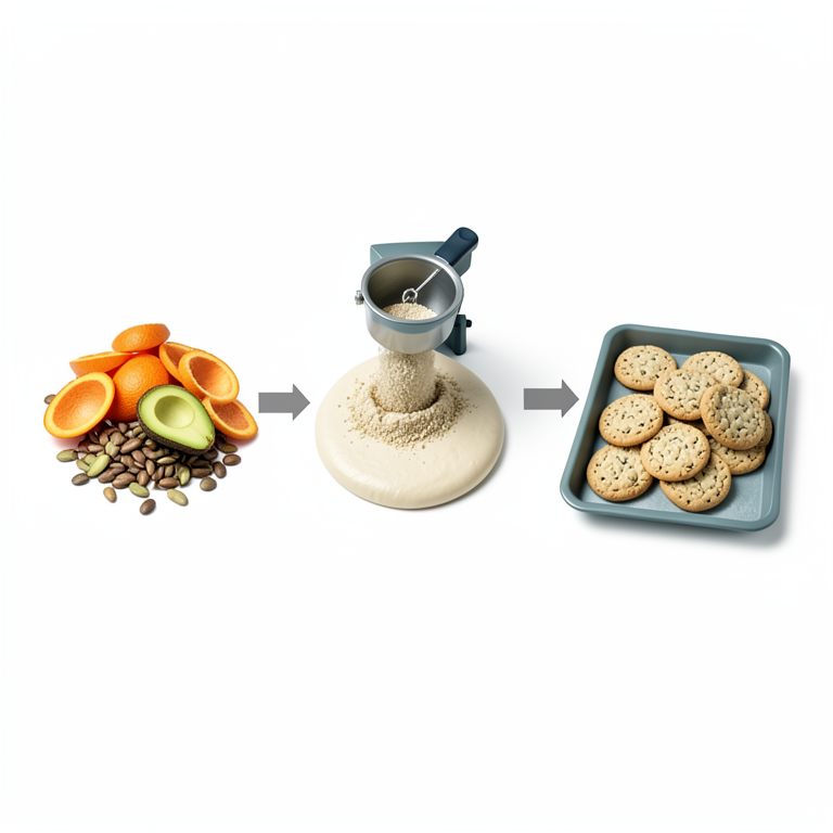 AI-generated conceptual illustration (wheat cookies, orange peels, avocado peels, jackfruit seeds, and muskmelon seeds). It explains the idea and does not show study data.