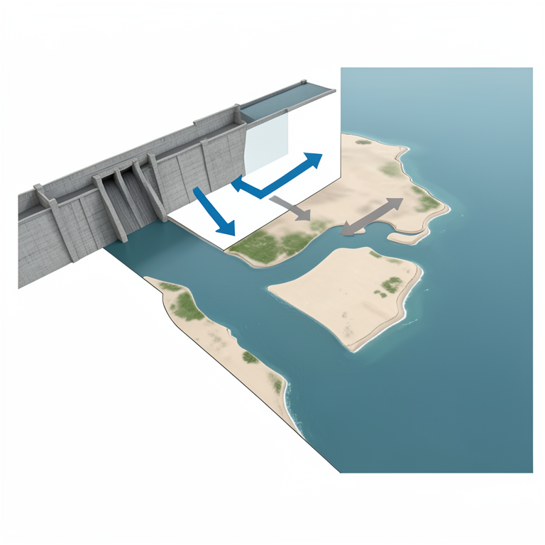 AI-generated conceptual illustration (The Nile Delta coastline and the Aswan High Dam). It explains the idea and does not show study data.
