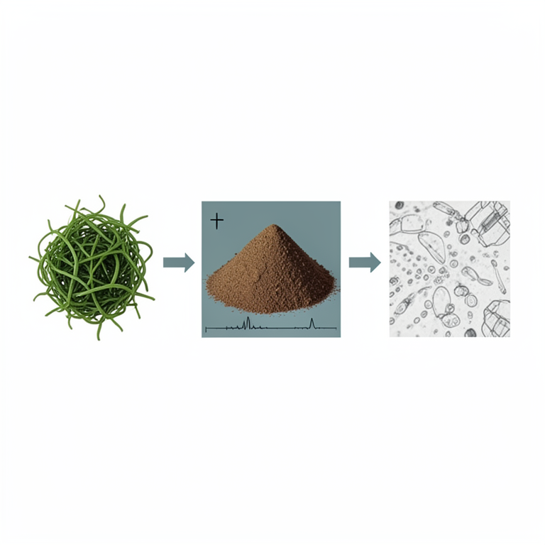 AI-generated conceptual illustration (Spirogyra algae biomass). It explains the idea and does not show study data.