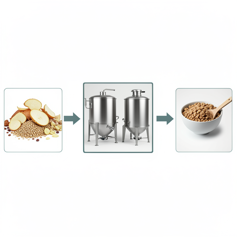 AI-generated conceptual illustration (Agricultural by-products including fruit peels, grain husks, and vegetable scraps). It explains the idea and does not show study data.