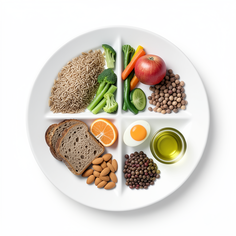 AI-generated conceptual illustration (A ceramic dinner plate with various whole foods). It explains the idea and does not show study data.