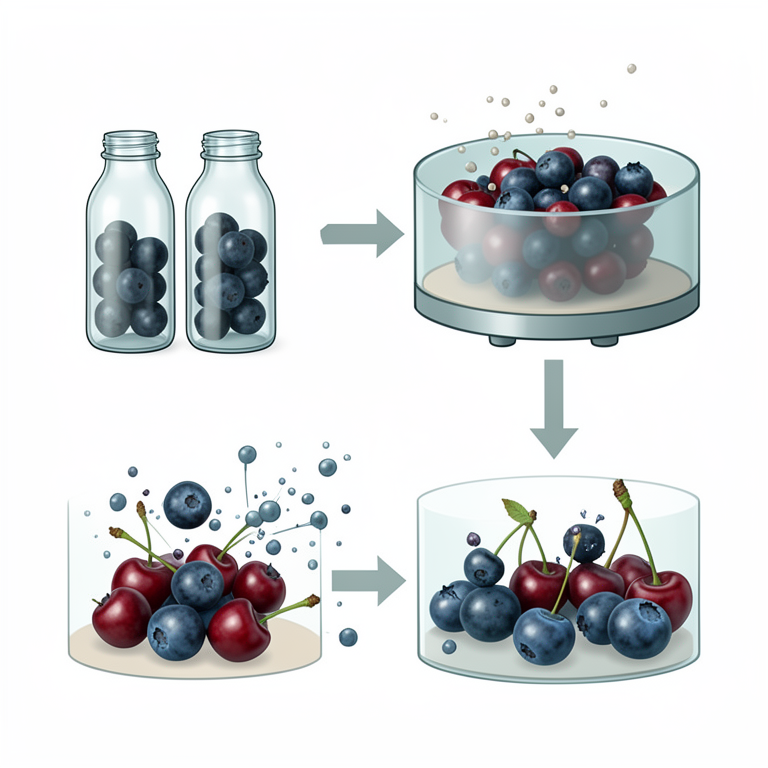 AI-generated conceptual illustration (mixed berry fruits including barberries, strawberries, raspberries, blackcurrants, cherries, and blueberries). It explains the idea and does not show study data.