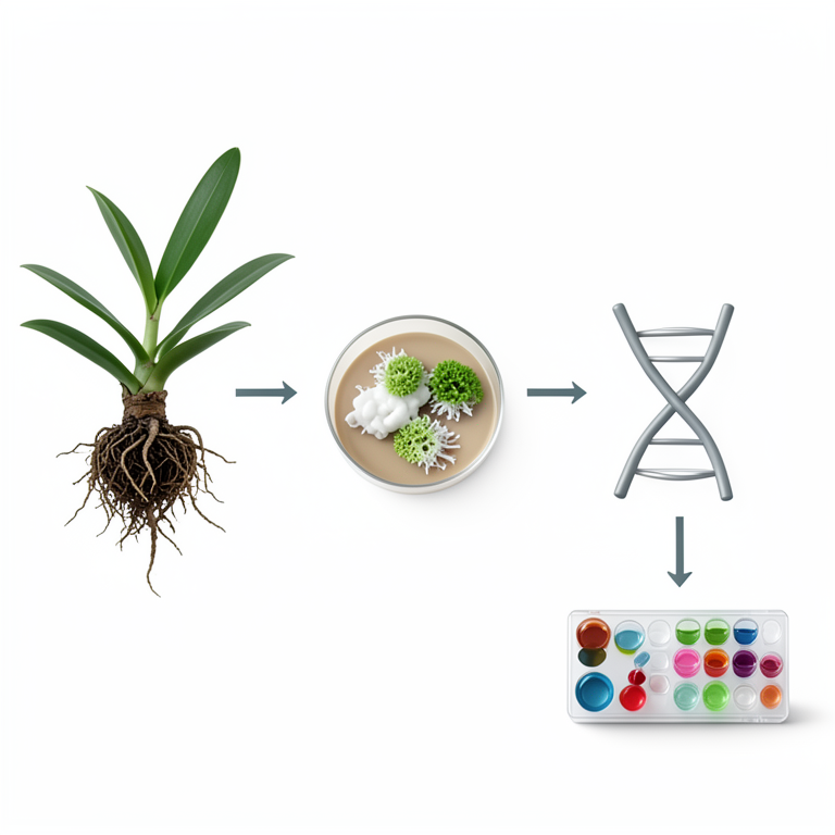 AI-generated conceptual illustration (Tropical orchid plants and endophytic fungi). It explains the idea and does not show study data.