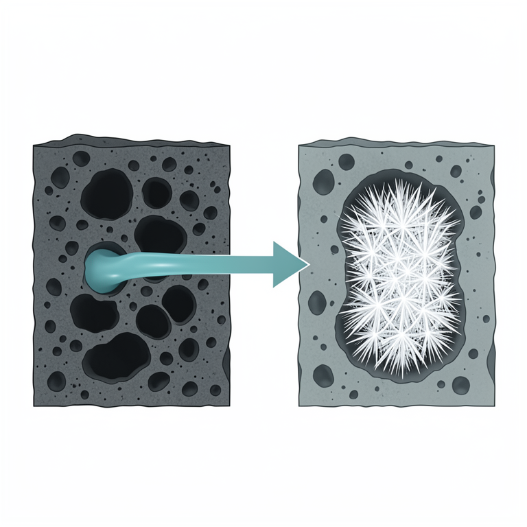 AI-generated conceptual illustration (Basaltic rock with zeolite crystals in vesicular cavities). It explains the idea and does not show study data.