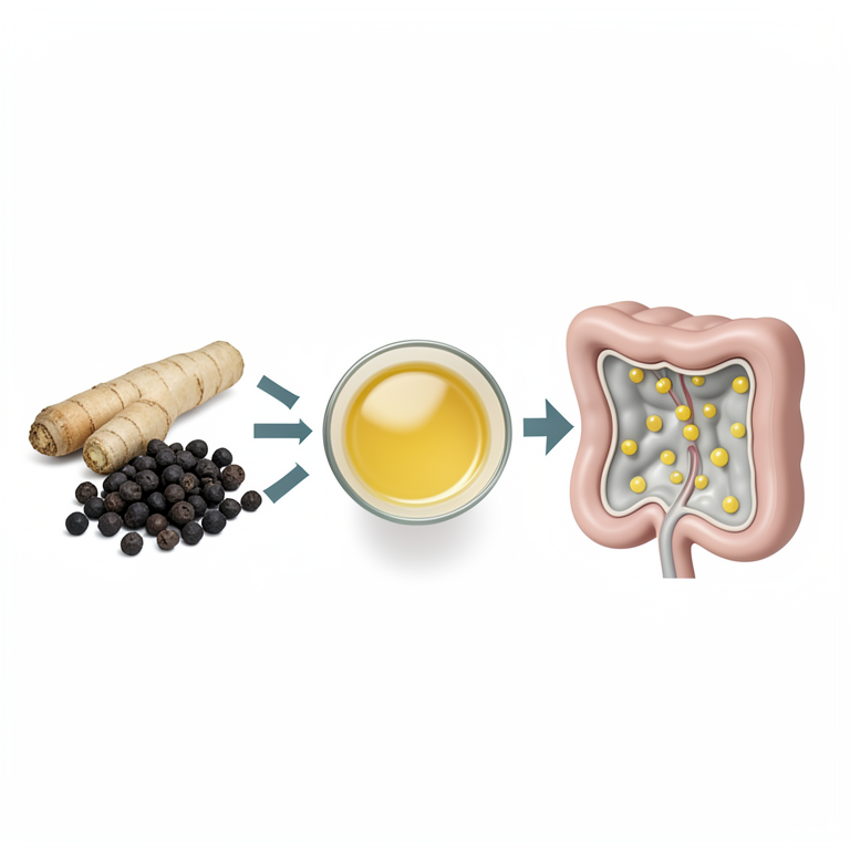 AI-generated conceptual illustration (turmeric root, black peppercorns, and a glass of milk). It explains the idea and does not show study data.