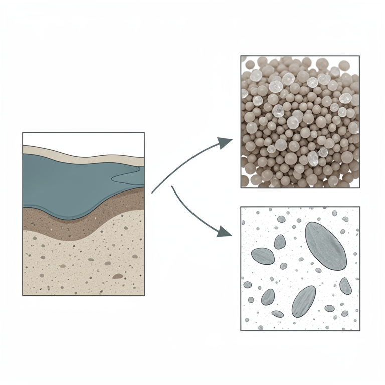 AI-generated conceptual illustration (Lake sediment particles (silt, sand, and clay)). It explains the idea and does not show study data.