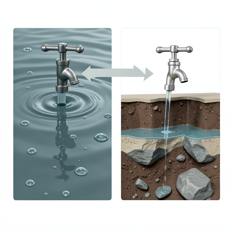 AI-generated conceptual illustration (Groundwater and surface water sources in Kufa city). It explains the idea and does not show study data.