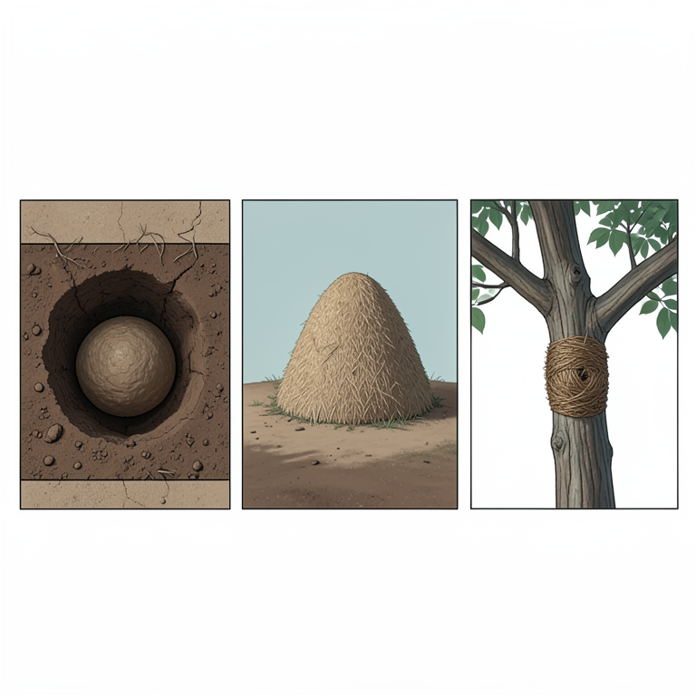 AI-generated conceptual illustration (termite mounds in three distinct natural settings). It explains the idea and does not show study data.