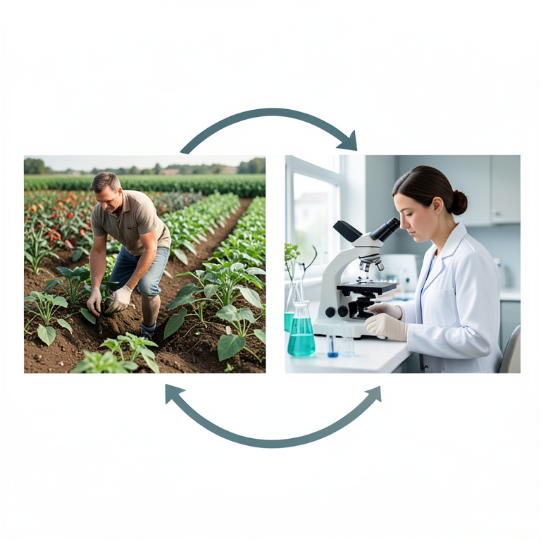 AI-generated conceptual illustration (A smallholder farmer in a rural crop field and a scientist in a modern laboratory). It explains the idea and does not show study data.